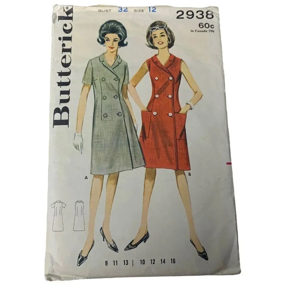 Vintage 60s Butterick 2938 Pattern Junior Misses 9-16 A Line Dress Mod Cut